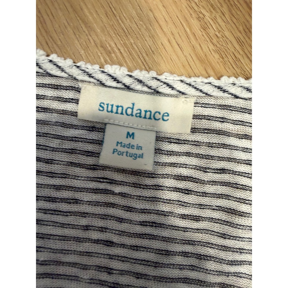 Sundance Med Blue White Striped Linen Long Sleeve Top Crochet Coastal Nautical - Picture 4 of 6